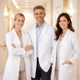 Small dental team standing in a bright clinic corridor