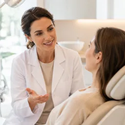 Dentist speaking gently with a patient in a consultation chair