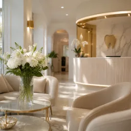 Welcoming dental reception lounge with beige seating and gold accents